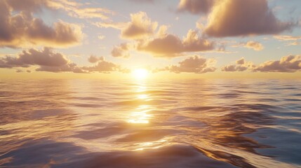 Fototapeta premium A picturesque sunset over a calm ocean, with the sun casting a golden glow on the water and clouds.