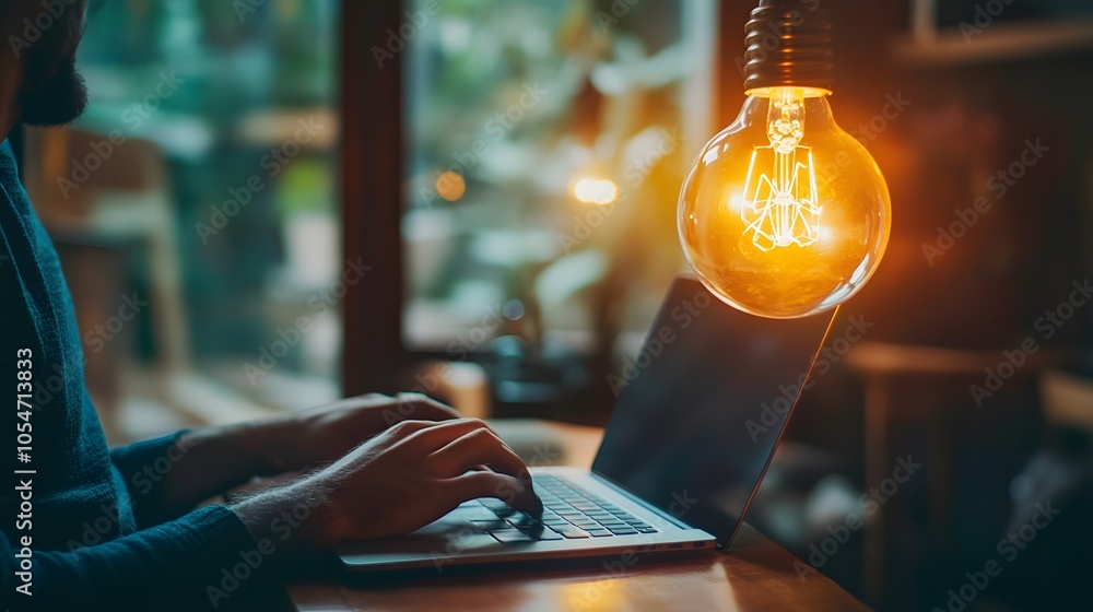 Poster a businessman sits on a wooden bench while working on a laptop with a large lit filament lightbulb b