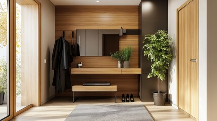 A modern entrance hallway with a cozy wooden tone, featuring a sleek desk, a stylish stand