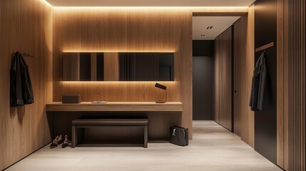 A modern entrance hallway with a cozy wooden tone, featuring a sleek desk, a stylish stand