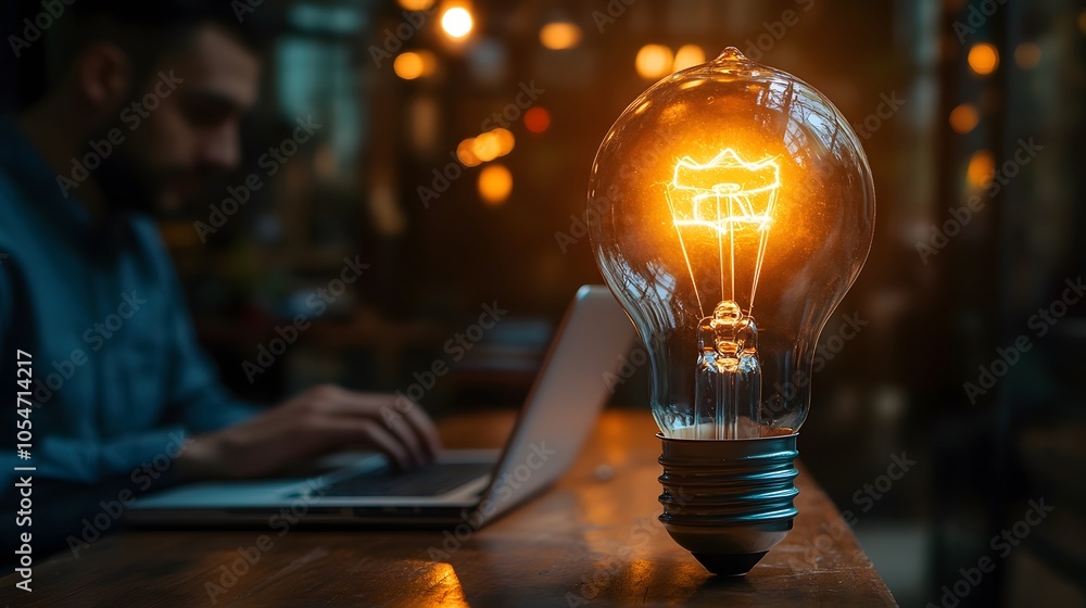Poster a businessman sits on a wooden bench while working on a laptop with a large lit filament lightbulb b
