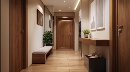 A modern hallway with a wooden decor, including a cozy desk, a stylish stand