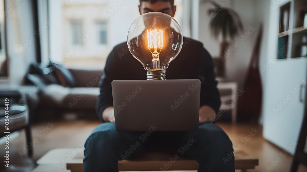 Poster a businessman sits on a wooden bench while working on a laptop with a large lit filament lightbulb b