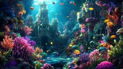 Obraz premium A captivating illustration of an underwater kingdom with coral castles, glowing marine plants, and schools of colorful fish swimming around. Underwater Kingdom. Illustration