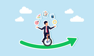 A businessman riding a unicycle on an upward green curve graph, juggling business management items, illustration of maintaining team management stability and efficiency © B Design