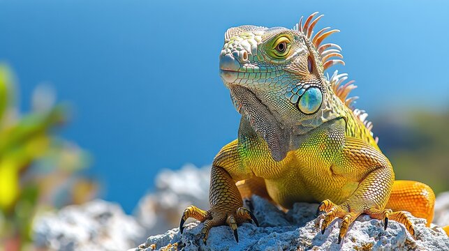A vibrant iguana perched on a rock against a blue ocean backdrop.