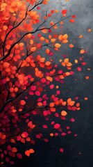 A Branch of Red and Orange Autumn Leaves Against a Dark Background