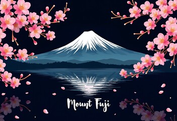 Elegant Cherry Blossom Illustration with Mount Fuji: A Vibrant Vector Art Piece on a Black Background

