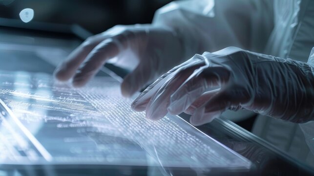 Scientist wearing gloves interacts with a futuristic transparent display showing code
