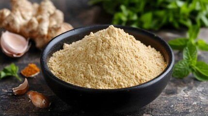 Close up of aromatic asafoetida powder also known as hing displayed on a soft cream colored backdrop