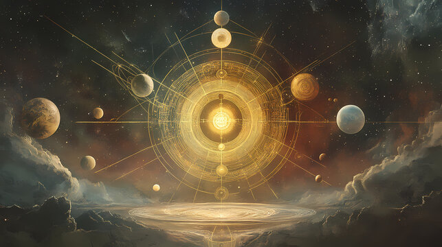 A celestial panorama where planets align to form a celestial map resembling religious signs found in ancient scriptures. Solar System Map. Illustration