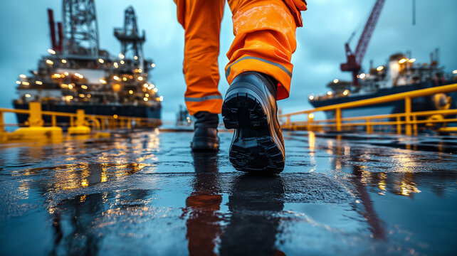 Close up of Offshore oil rig worker walks to an oil and gas facility to work in the process.
