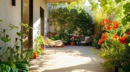 Fototapeta premium A stylish terrace with pale wooden flooring, surrounded by green plants and vibrant flowers