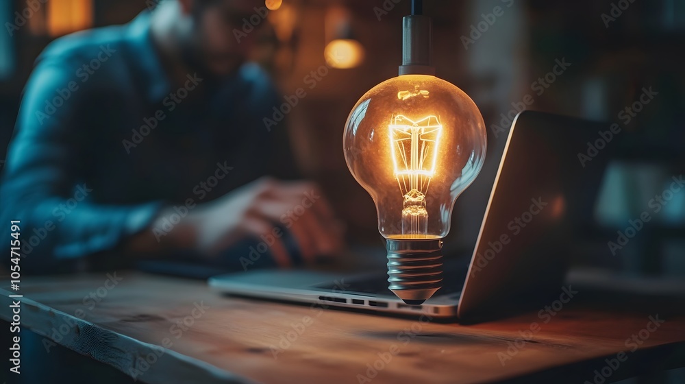 Poster a businessman sits on a wooden bench while working on a laptop with a large lit filament lightbulb b