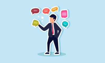 A businessman surrounded by chat dialogues, holding one, illustration of awareness in capturing market aspirations as input and feedback