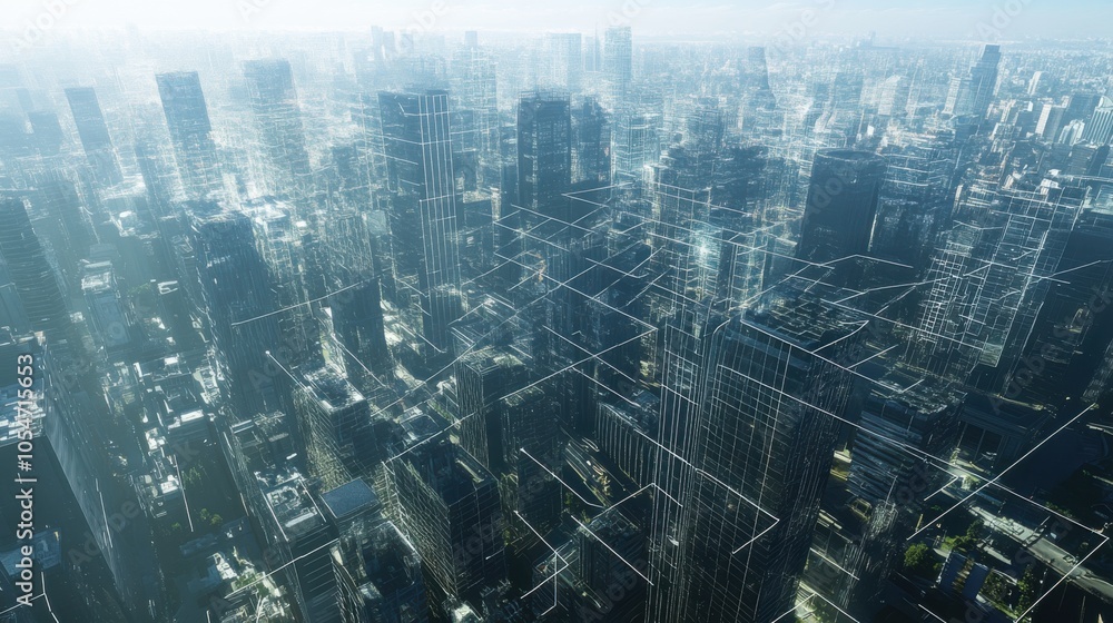 Poster aerial view of a modern city with a digital grid overlay, symbolizing the power of generative ai