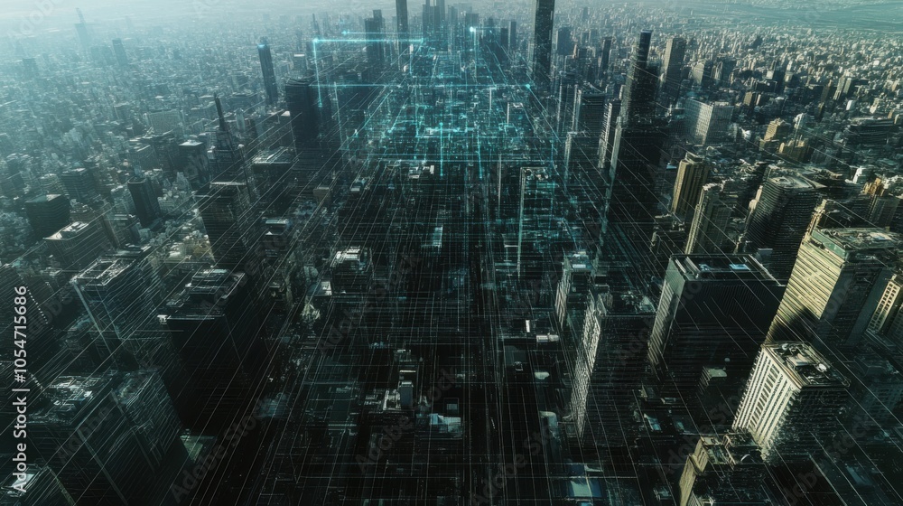 Poster aerial view of a modern city with a digital grid overlay, symbolizing the power of generative ai