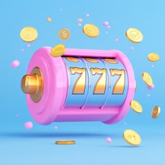 A colorful slot machine with spinning reels and floating coins.