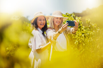 Friends, smile and bonding of women, photography and together in vineyard, happy and memory of...