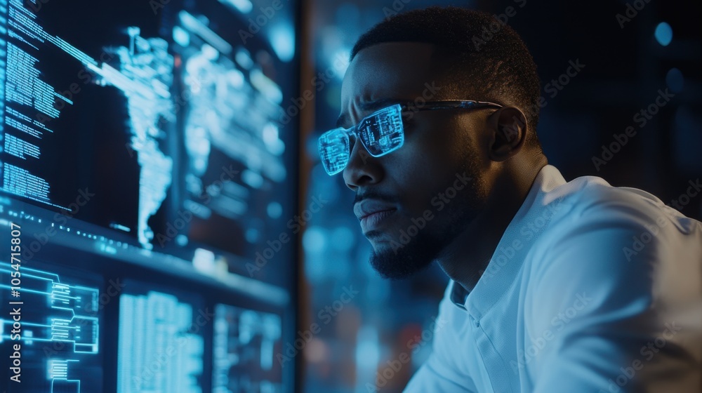 Poster african american engineer working on ai-driven software for autonomous entities, illuminated