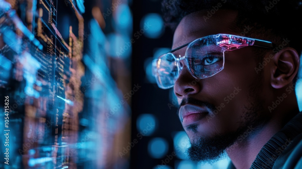 Poster african american engineer working on ai-driven software for autonomous entities, illuminated