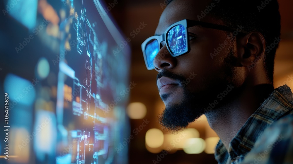 Poster african american engineer working on ai-driven software for autonomous entities, illuminated