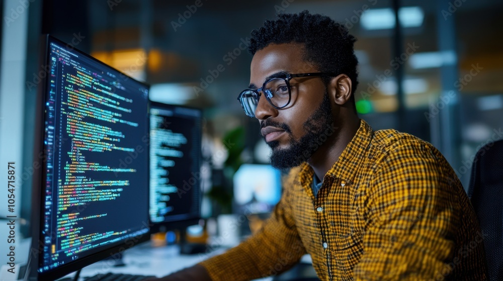 Poster african american network developer building machine learning software for an autonomous