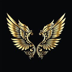 Obraz premium Royal Gold Wing Collection: Vintage Angel, Bird & Cupid Wing Icons in Decorative Black & Gold Frames, Perfect for Elegant Logos, Icon Sets, and Ornamental Designs 