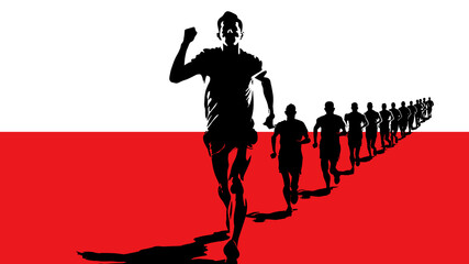 A Group of People Running Together on a Polish Flag