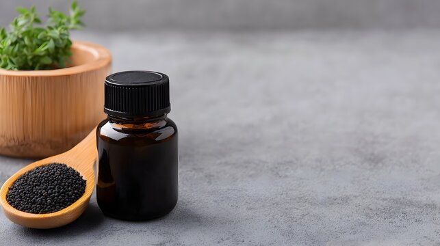 Close up of black cumin seeds in a wooden bowl with a glass bottle of essential oil on a soft gray backdrop  The image showcases the natural