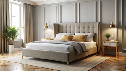 Modern upholstered bed in a contemporary style on background, furniture, bedroom, decor, home, interior, design