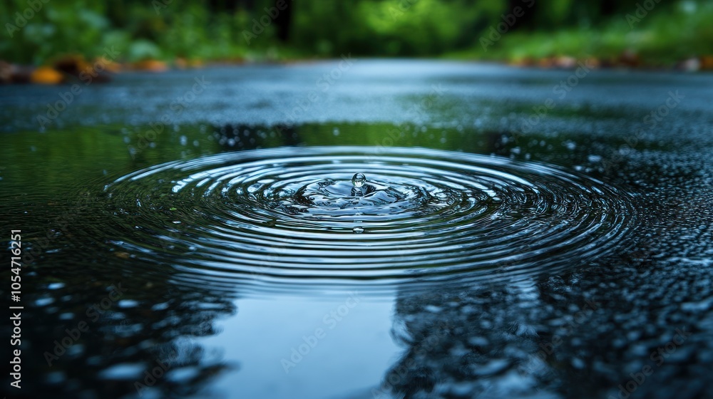 Poster close-up of raindrop creating ripples on a wet surface.