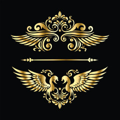 Royal Gold Wing Collection: Vintage Angel, Bird & Cupid Wing Icons in Decorative Black & Gold Frames, Perfect for Elegant Logos, Icon Sets, and Ornamental Designs
