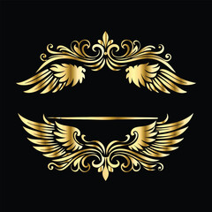 Royal Gold Wing Collection: Vintage Angel, Bird & Cupid Wing Icons in Decorative Black & Gold Frames, Perfect for Elegant Logos, Icon Sets, and Ornamental Designs
