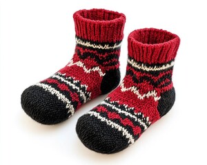 Pair of red and black knitted socks with a white pattern on a white background.