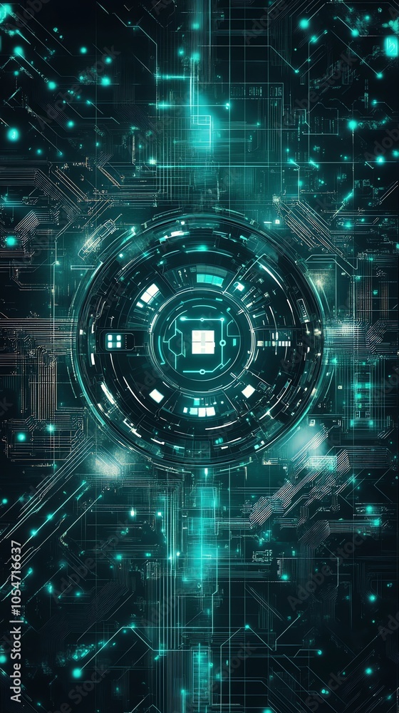 Aufkleber A glowing orb, encased in a complex circular pattern, sits at the center of a network of glowing lines.  The lines resemble a circuit board, suggesting technological innovation and connectivity.