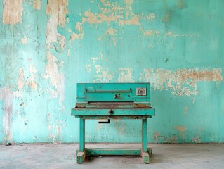 An old, turquoise workbench stands against a weathered, peeling wall, reflecting a vintage aesthetic and an abandoned atmosphere.