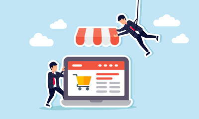 A businessman holding a laptop display a marketplace site while another hangs carrying a store canopy cover, illustration of teamwork in build an attractive and effective marketplace