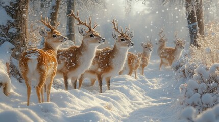 A serene winter scene featuring deer in a snowy forest.