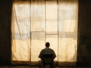Fototapeta premium A solitary figure sits in a dimly lit space, facing a large window covered with sheer fabric, evoking feelings of introspection and confinement.