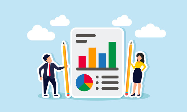 A businessman and businesswoman standing next to a report of statistical data, illustration of compiling evaluation reports and monitoring team business performance