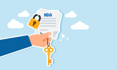 A hand holding an NDA agreement paper locked with a key, illustration of the solution for collaboration agreements requiring data confidentiality