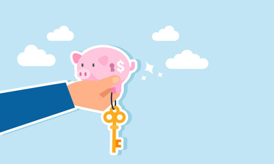 A hand holding a key-shaped piggy bank with a key, illustration of the key to success in investment