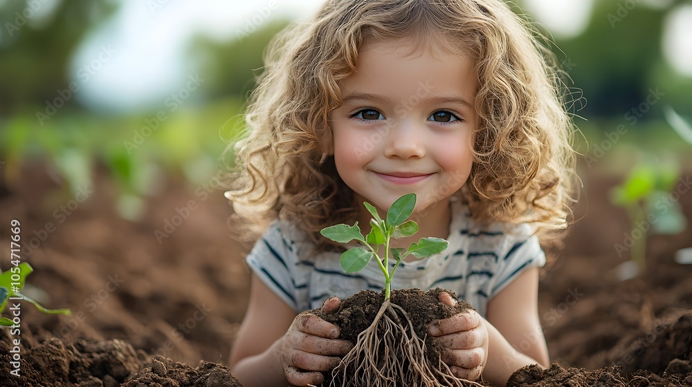 Poster a young child tenderly holding a plant with its roots visible symbolizing the importance of soil hea