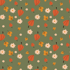 Seamless pattern with autumn leaves and flowers. Vector illustration.