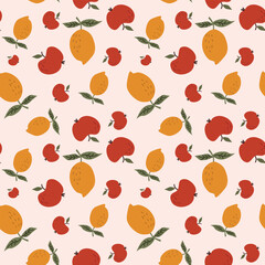 Seamless pattern with red apples and slices on pink background.