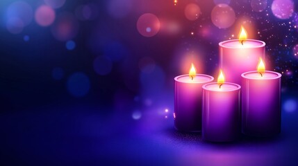 Flaming purple aroma candles at night on blurred dark blue background with bokeh lights. Candles in church as catholic symbol. Abstract festive backdrop. Christmas eve, Hanukkah, All Souls Day
