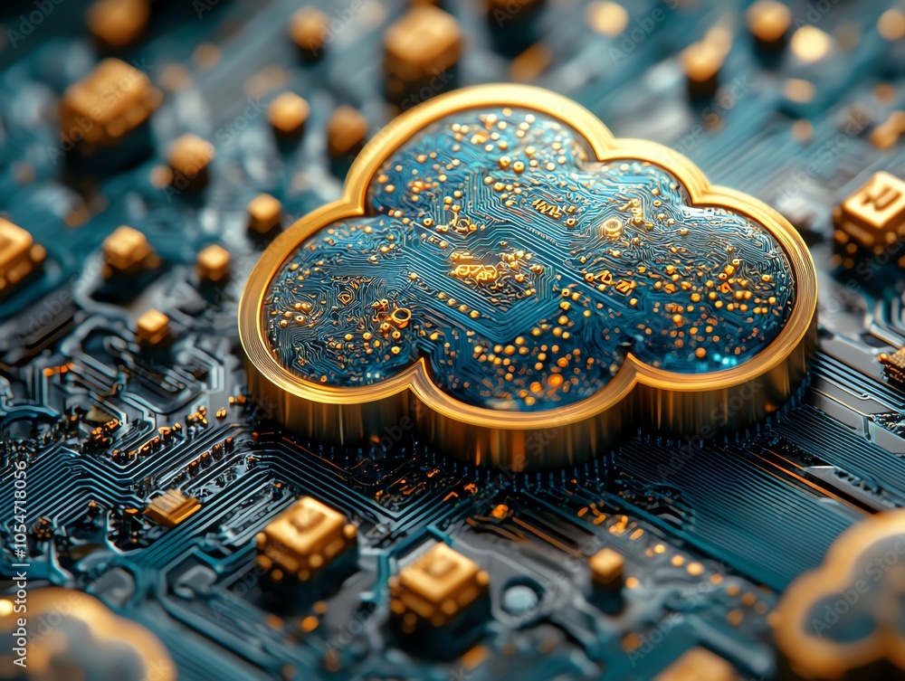 Aufkleber A gold cloud icon on a circuit board symbolizes the concept of cloud computing and data storage.