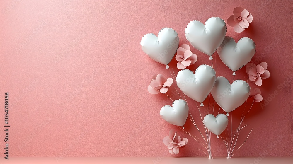 Poster heart shaped balloons in shades of pink gracefully floating against a soft dreamy background capturi