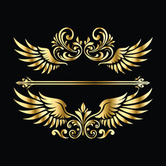 Royal Gold Wing Collection: Vintage Angel, Bird & Cupid Wing Icons in Decorative Black & Gold Frames, Perfect for Elegant Logos, Icon Sets, and Ornamental Designs
